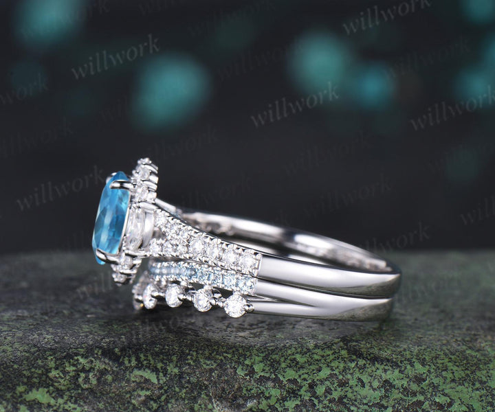 Oval cut Swiss blue topaz engagement ring 14k white gold vintage halo half eternity moissanite matching promise wedding ring set women