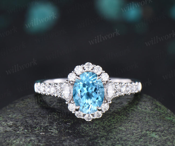 Oval cut Swiss blue topaz engagement ring 14k white gold vintage halo half eternity moissanite matching promise wedding ring set women
