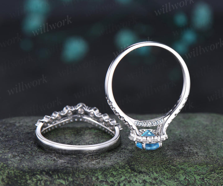 Oval cut Swiss blue topaz engagement ring 14k white gold vintage halo half eternity moissanite matching promise wedding ring set women