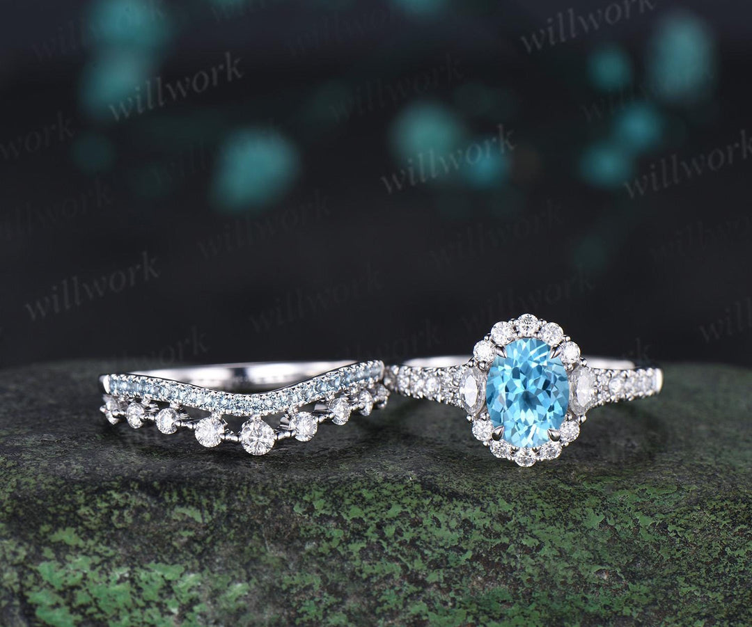 Oval cut Swiss blue topaz engagement ring 14k white gold vintage halo half eternity moissanite matching promise wedding ring set women