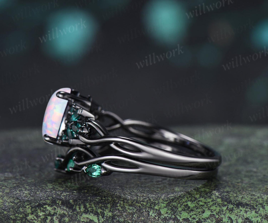 Pear cut white opal engagement ring 14k black gold cluster emerald infinity bridal anniversary ring set gift for women silver