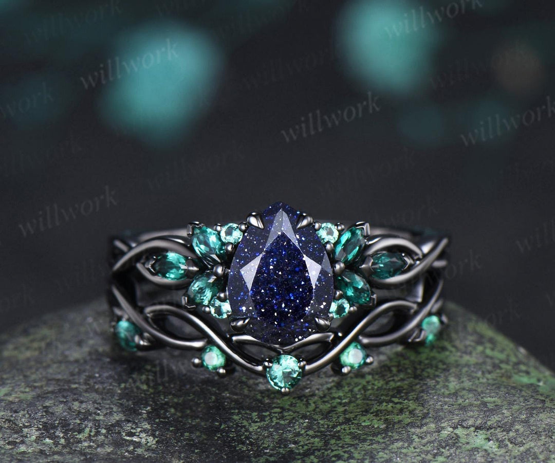 Pear cut blue sandstone engagement ring 14k black gold cluster emerald infinity bridal anniversary ring set gift for women silver