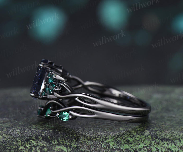 Pear cut blue sandstone engagement ring 14k black gold cluster emerald infinity bridal anniversary ring set gift for women silver