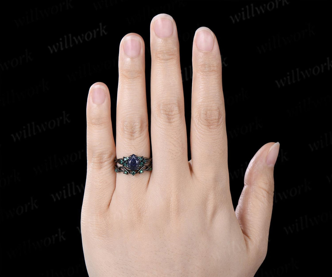 Pear cut blue sandstone engagement ring 14k black gold cluster emerald infinity bridal anniversary ring set gift for women silver