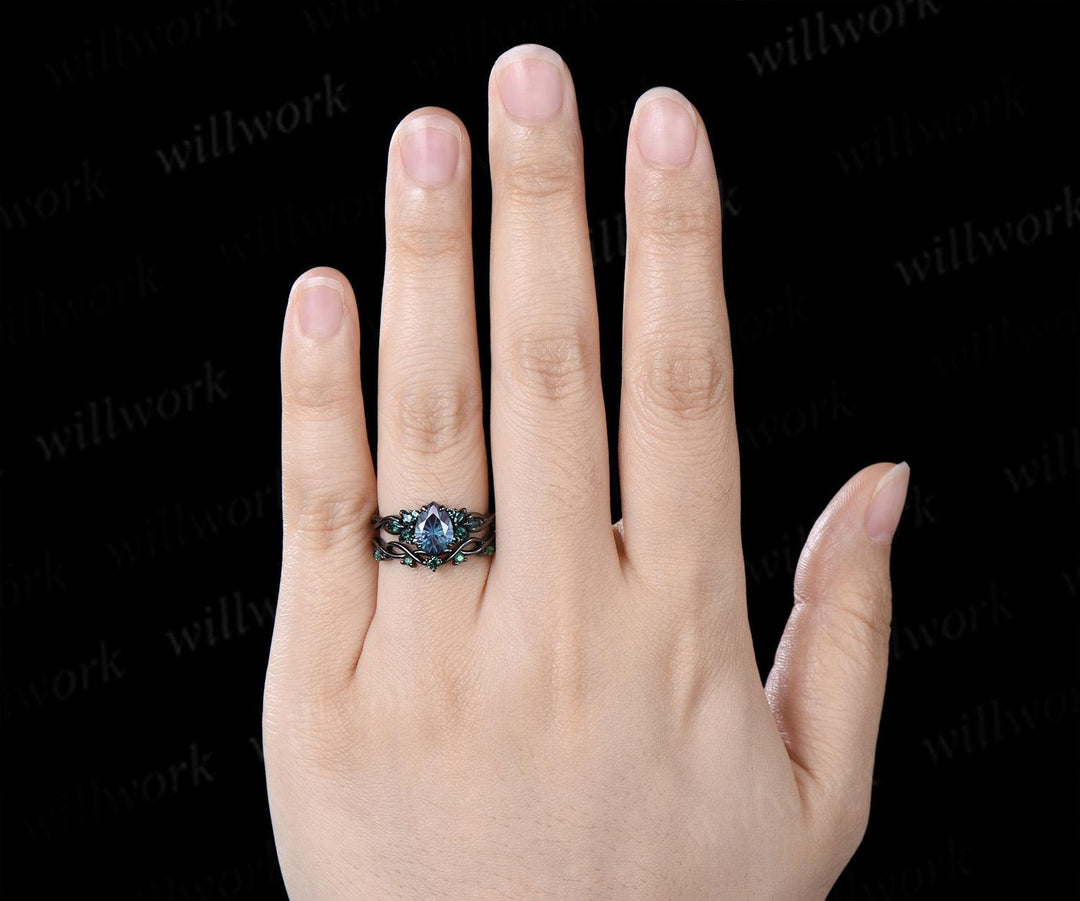 Pear fireworks cut alexandrite engagement ring 14k black gold cluster emerald infinity bridal wedding ring set gift for women silver