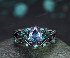 Pear fireworks cut alexandrite engagement ring 14k black gold cluster emerald infinity bridal wedding ring set gift for women silver