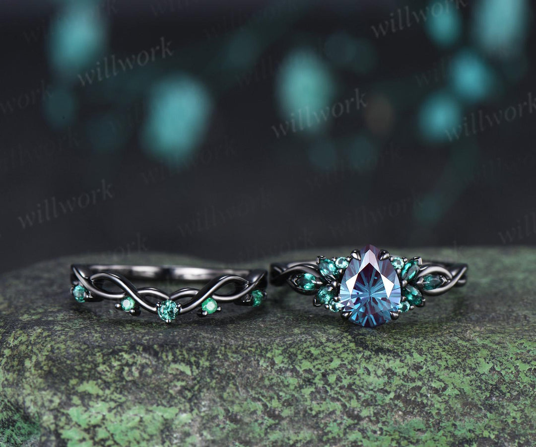 Pear fireworks cut alexandrite engagement ring 14k black gold cluster emerald infinity bridal wedding ring set gift for women silver