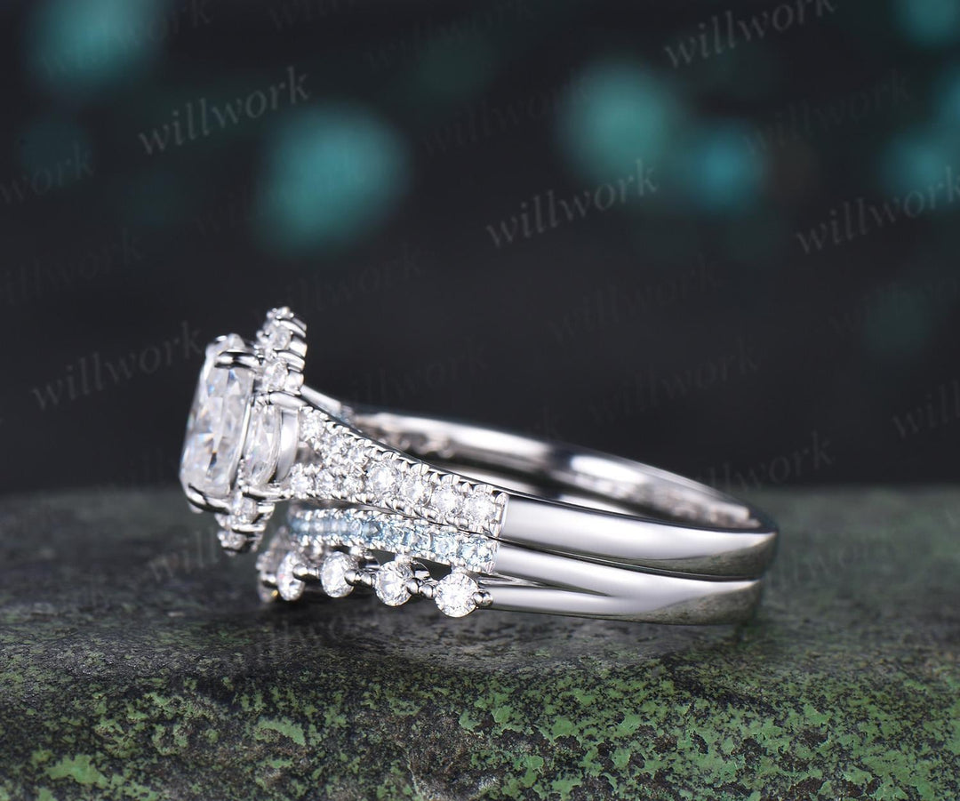 Oval cut moissanite ring white gold vintage half eternity halo unique engagement wedding ring set women