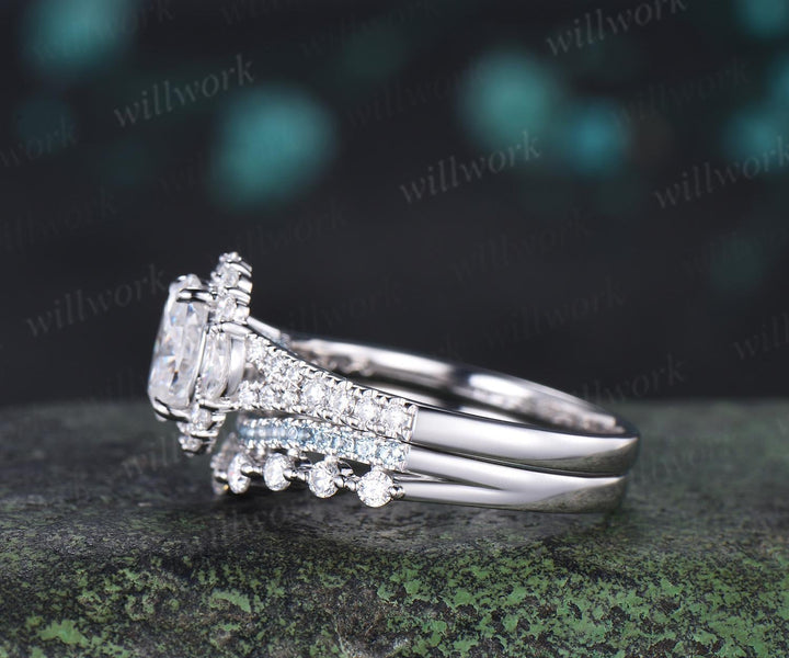 Oval cut moissanite ring white gold vintage half eternity halo unique engagement wedding ring set women