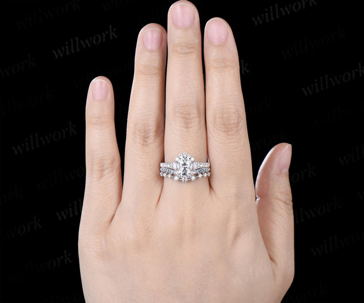 Oval cut moissanite ring white gold vintage half eternity halo unique engagement wedding ring set women
