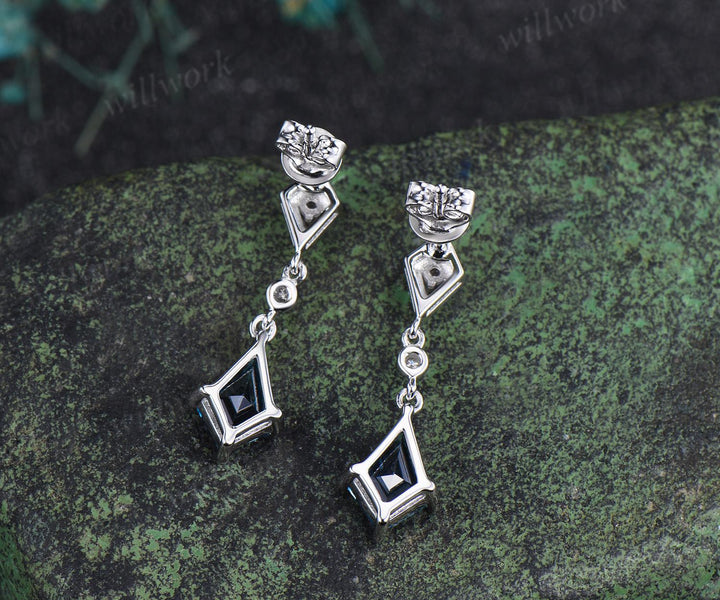 Vintage kite cut London blue topaz earrings solid 14k white gold halo diamond drop earrings women December birthstone anniversary gift her