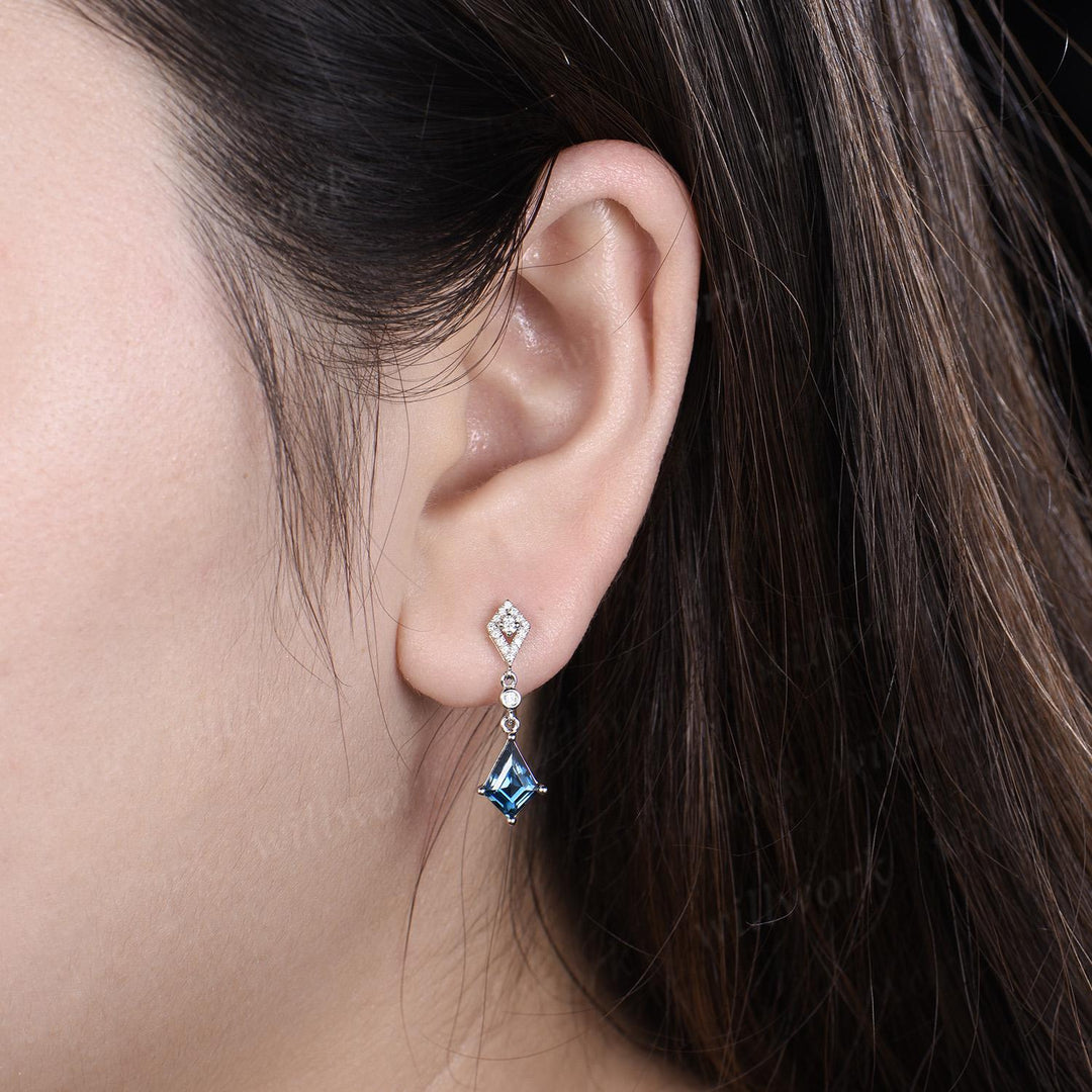Vintage kite cut London blue topaz earrings solid 14k white gold halo diamond drop earrings women December birthstone anniversary gift her