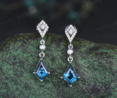 Vintage kite cut London blue topaz earrings solid 14k white gold halo diamond drop earrings women December birthstone anniversary gift her