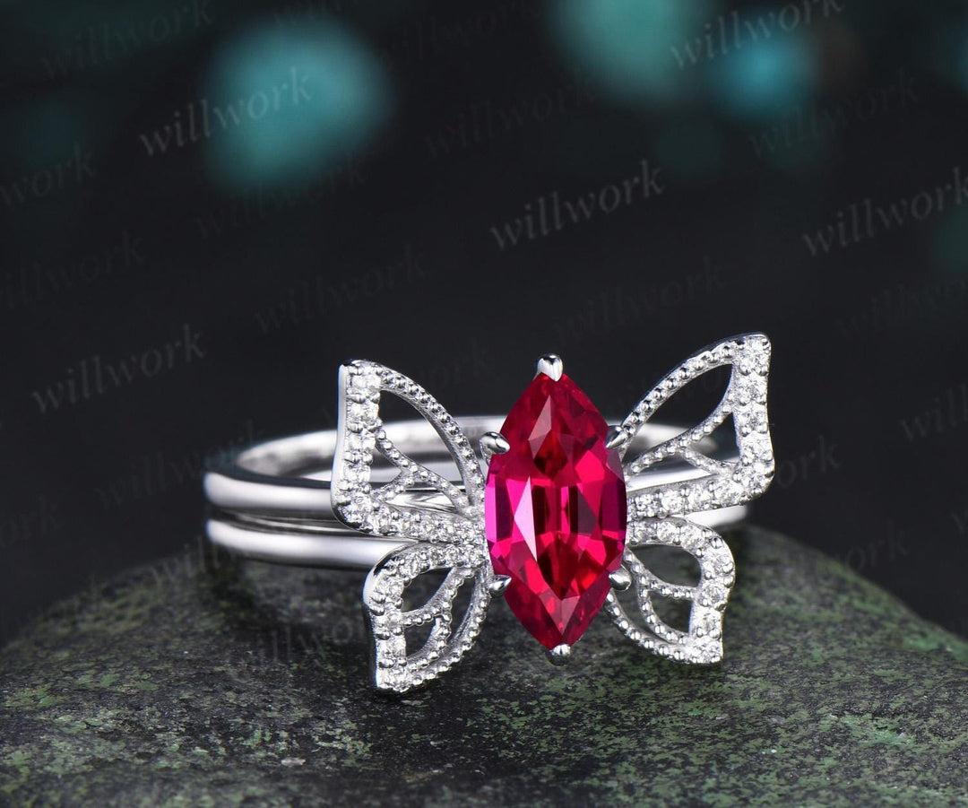 Marquise cut red ruby engagement ring 14k white gold unique butterfly bridal wedding ring set vintage jewelry women