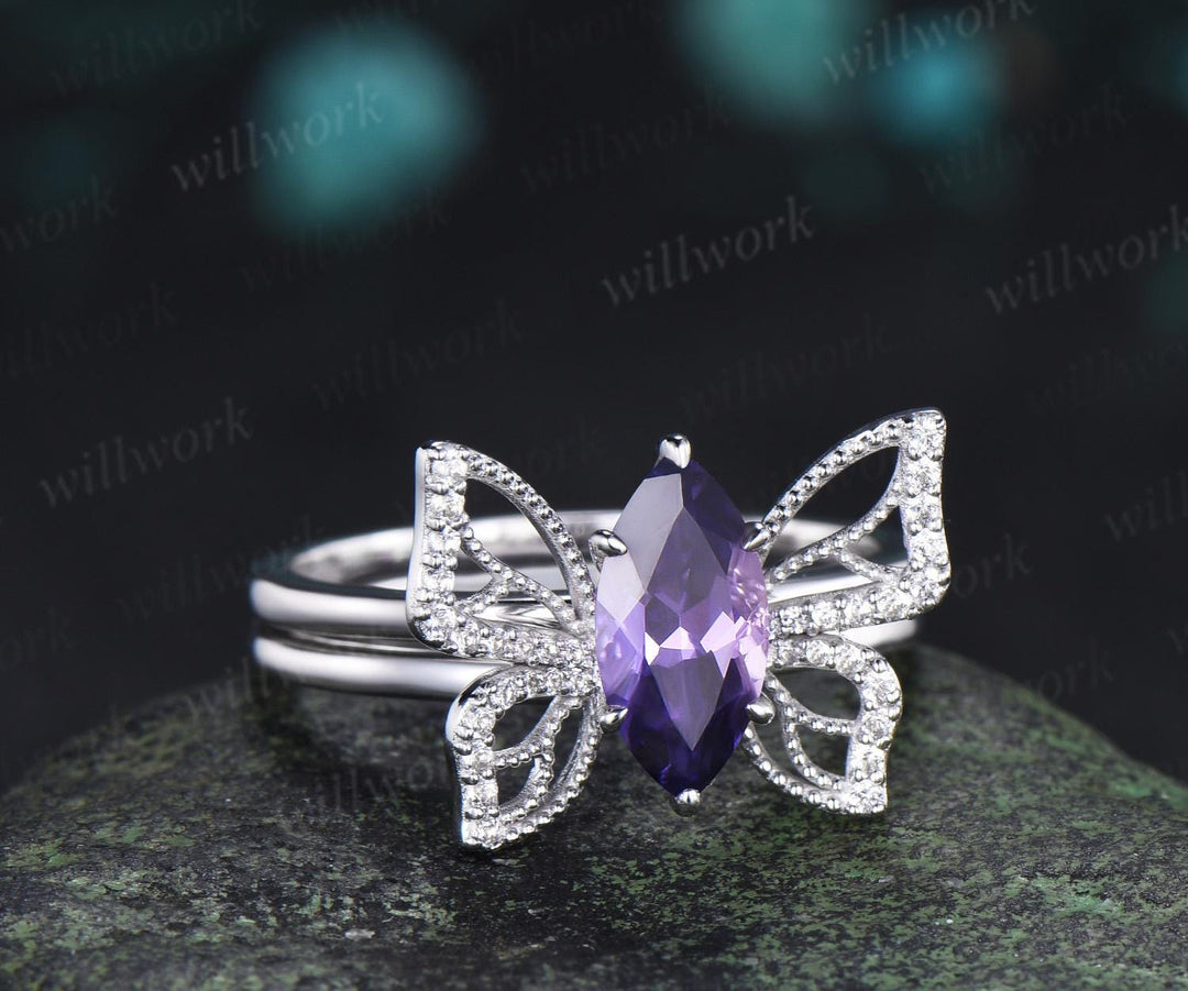 Marquise cut purple sapphire engagement ring 14k white gold unique butterfly bridal wedding ring set vintage jewelry women