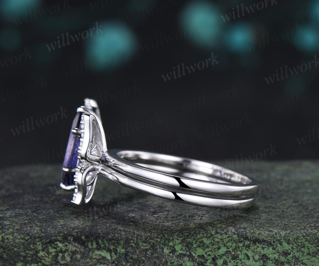 Marquise cut purple sapphire engagement ring 14k white gold unique butterfly bridal wedding ring set vintage jewelry women