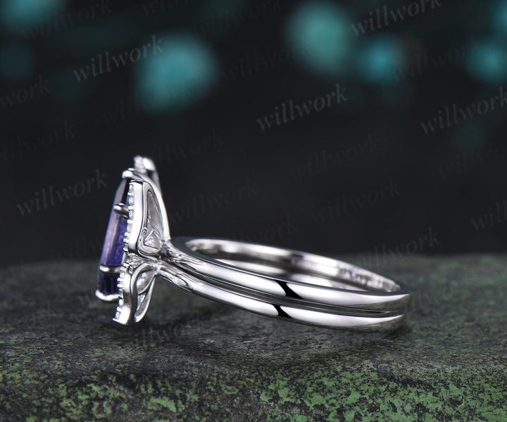Marquise cut purple sapphire engagement ring 14k white gold unique butterfly bridal wedding ring set vintage jewelry women