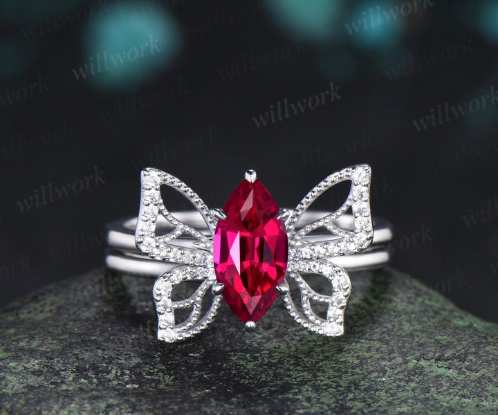 Marquise cut red ruby engagement ring 14k white gold unique butterfly bridal wedding ring set vintage jewelry women