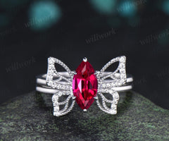 Marquise cut red ruby engagement ring 14k white gold unique butterfly bridal wedding ring set vintage jewelry women