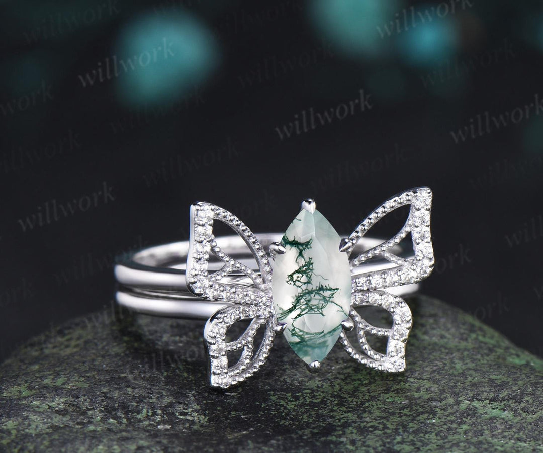 Marquise cut moss agate engagement ring 14k white gold unique butterfly cluster bridal wedding ring set vintage jewelry women