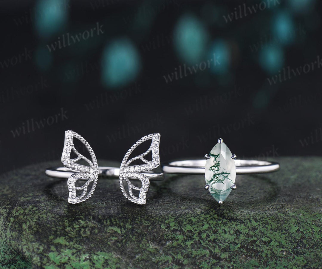 Marquise cut moss agate engagement ring 14k white gold unique butterfly cluster bridal wedding ring set vintage jewelry women