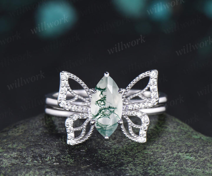 Marquise cut moss agate engagement ring 14k white gold unique butterfly cluster bridal wedding ring set vintage jewelry women