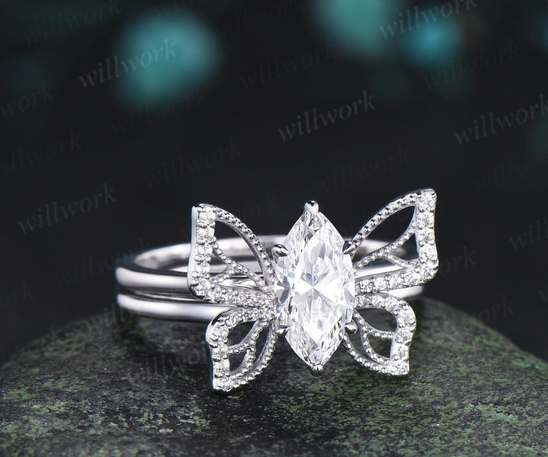 1ct marquise cut lab grown diamond butterfly engagement ring 14k white gold unique cluster promise bridal wedding ring set  jewelry women