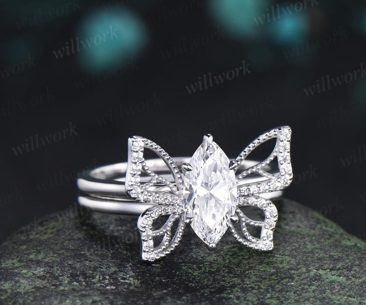 1ct marquise cut lab grown diamond butterfly engagement ring 14k white gold unique cluster promise bridal wedding ring set  jewelry women