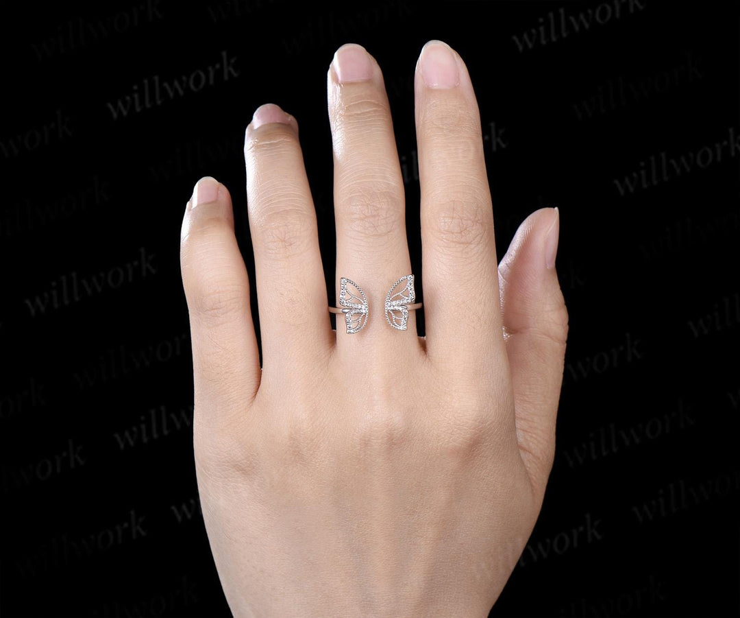 1ct marquise cut lab grown diamond butterfly engagement ring 14k white gold unique cluster promise bridal wedding ring set  jewelry women