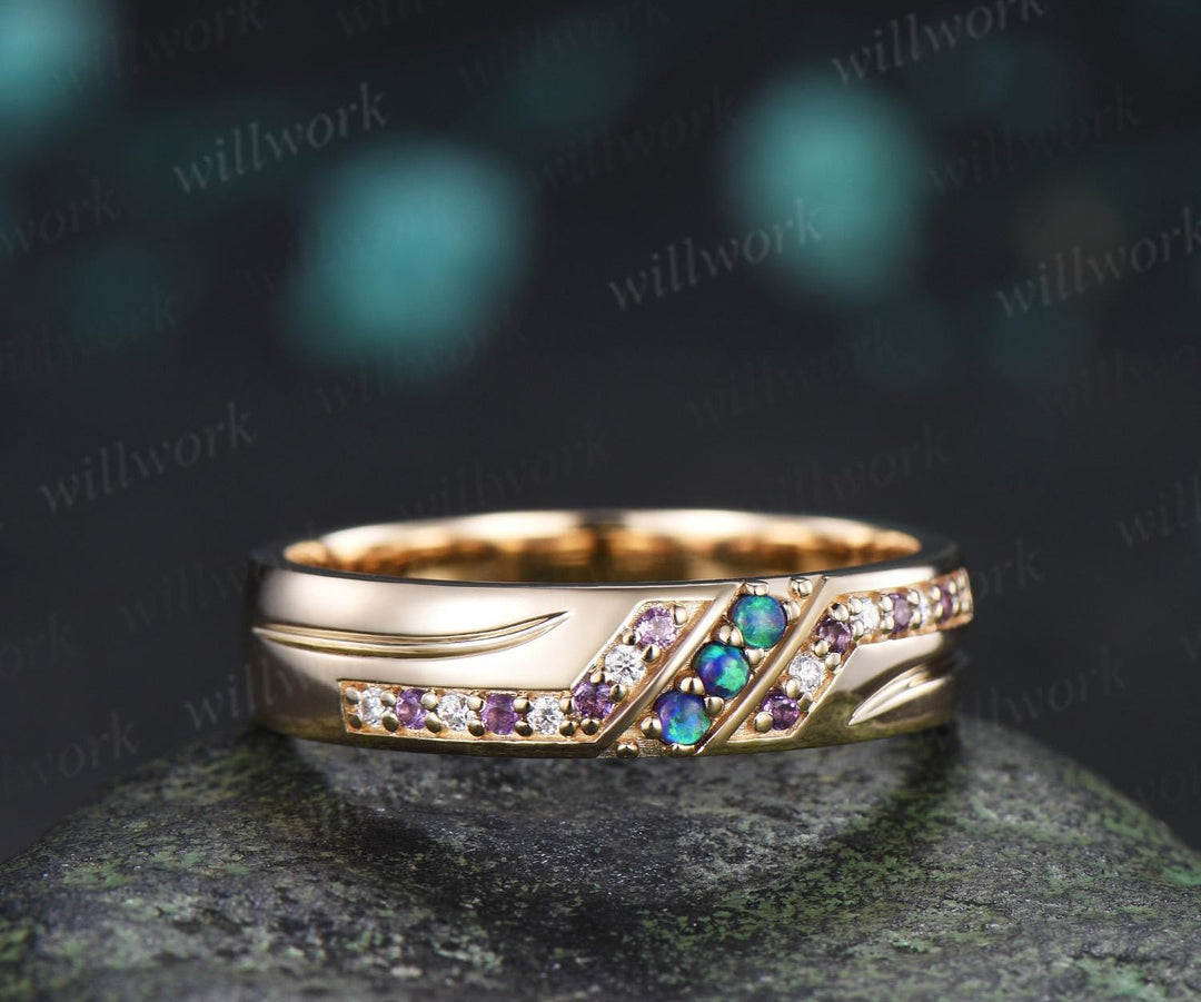 Unique black opal amethyst mens wedding band 14k yellow gold moissanite men handsome man rings matching band anniversary gift