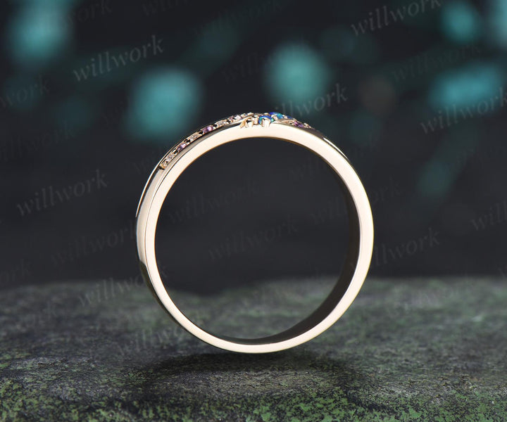 Unique black opal amethyst mens wedding band 14k yellow gold moissanite men handsome man rings matching band anniversary gift