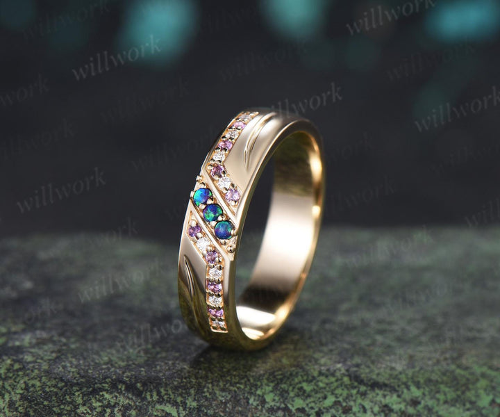 Unique black opal amethyst mens wedding band 14k yellow gold moissanite men handsome man rings matching band anniversary gift