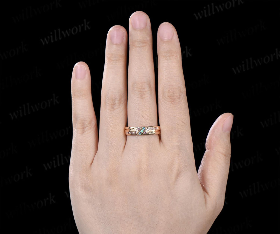 Unique black opal amethyst mens wedding band 14k yellow gold moissanite men handsome man rings matching band anniversary gift