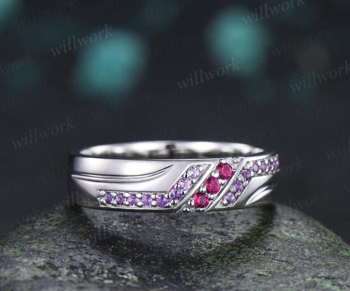 Unique red ruby amethyst mens wedding band 14k white gold men handsome man rings matching band anniversary gift
