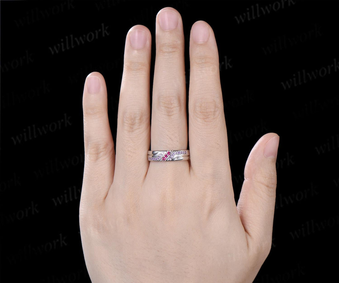 Unique red ruby amethyst mens wedding band 14k white gold men handsome man rings matching band anniversary gift