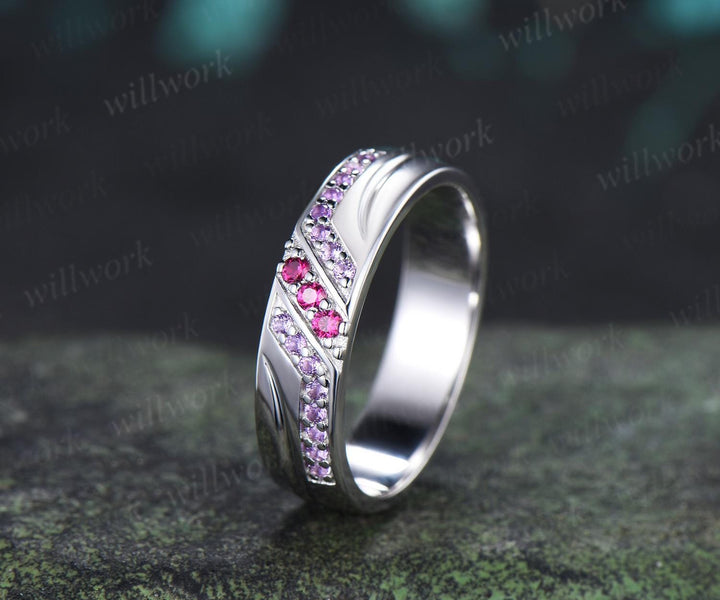 Unique red ruby amethyst mens wedding band 14k white gold men handsome man rings matching band anniversary gift