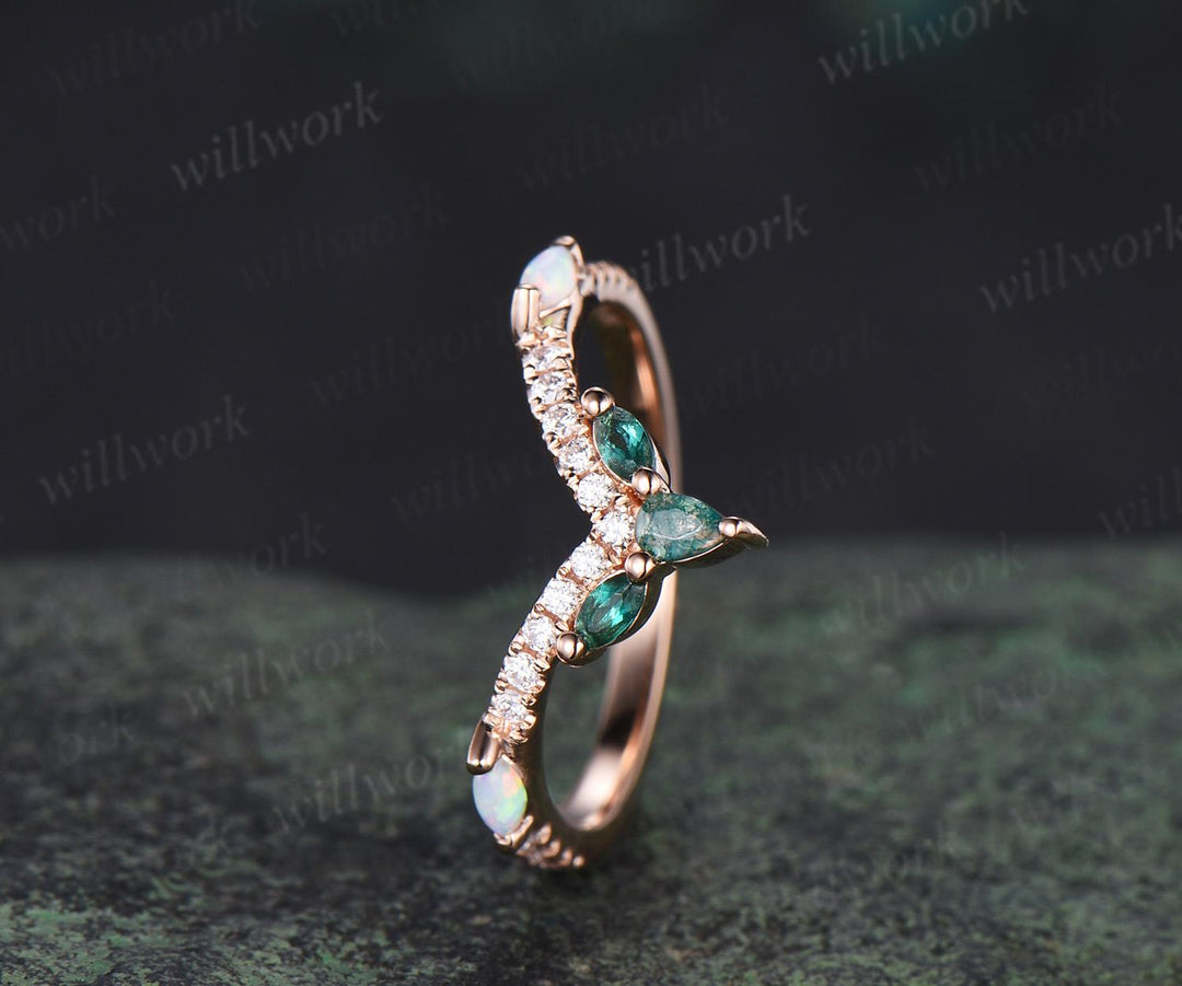 Pear moss agate wedding band rose gold curved marquise emerald opal half eternity moissanite wedding ring women gift