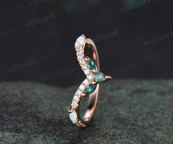 Pear moss agate wedding band rose gold curved marquise emerald opal half eternity moissanite wedding ring women gift