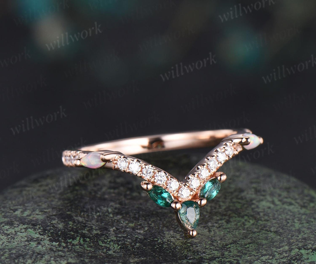 Pear moss agate wedding band rose gold curved marquise emerald opal half eternity moissanite wedding ring women gift