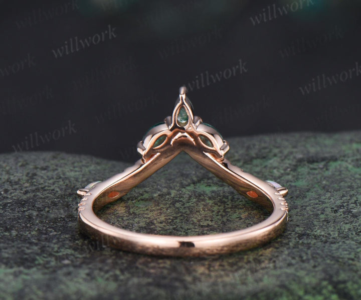 Pear moss agate wedding band rose gold curved marquise emerald opal half eternity moissanite wedding ring women gift