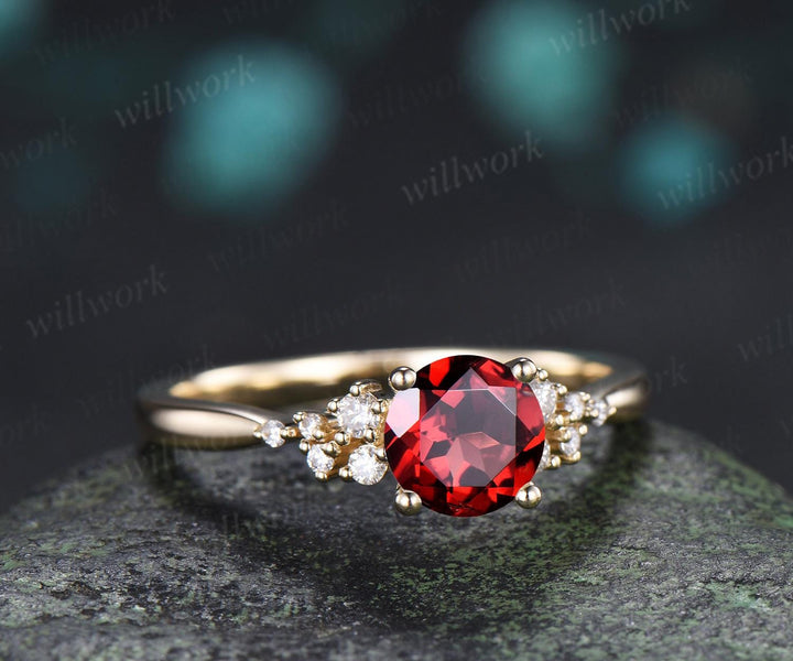 1ct round cut red garnet ring gold snowdrift unique engagement ring cluster diamond wedding promise ring women