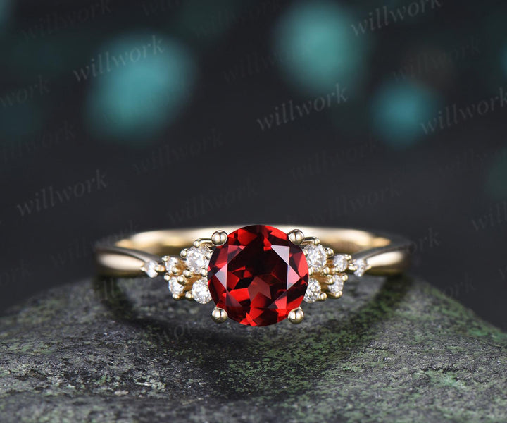 1ct round cut red garnet ring gold snowdrift unique engagement ring cluster diamond wedding promise ring women