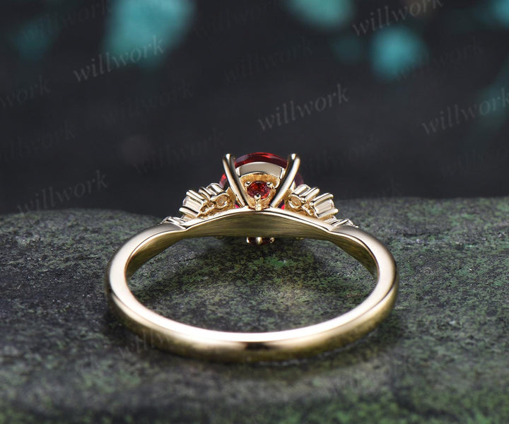 1ct round cut red garnet ring gold snowdrift unique engagement ring cluster diamond wedding promise ring women