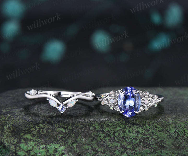 Oval cut natural tanzanite engagement ring set 14k white gold art deco leaf floral opal bridal wedding ring set women jewelry