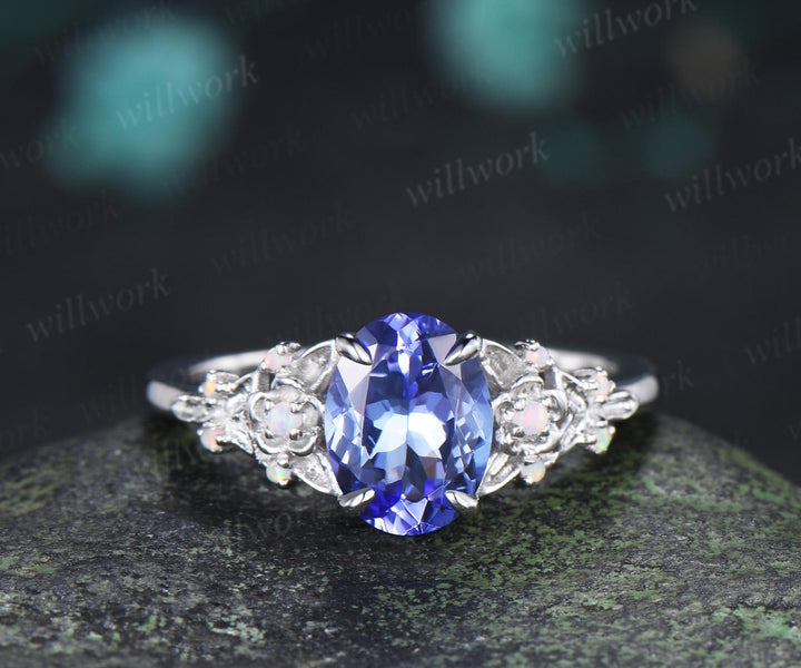 Oval cut natural tanzanite engagement ring set 14k white gold art deco leaf floral opal bridal wedding ring set women jewelry