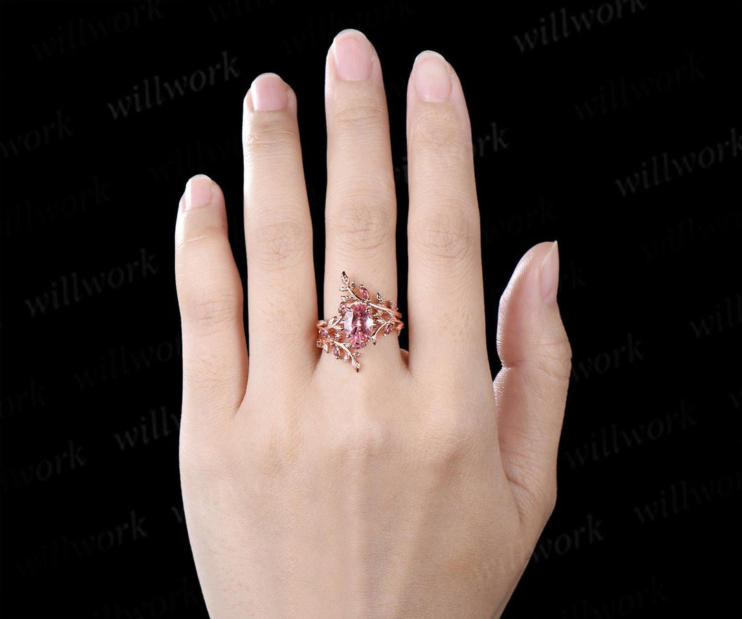 Oval Padparadscha pink sapphire engagement ring set 14k rose gold leaf pink tourmaline wedding band enhancer women promise bridal ring set gift