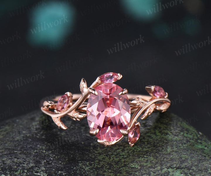 Oval Padparadscha pink sapphire engagement ring set 14k rose gold leaf pink tourmaline wedding band enhancer women promise bridal ring set gift