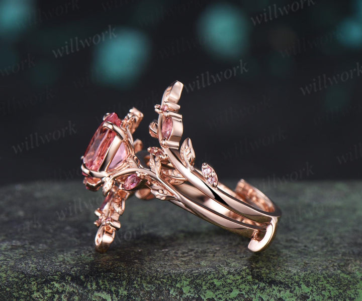 Oval Padparadscha pink sapphire engagement ring set 14k rose gold leaf pink tourmaline wedding band enhancer women promise bridal ring set gift