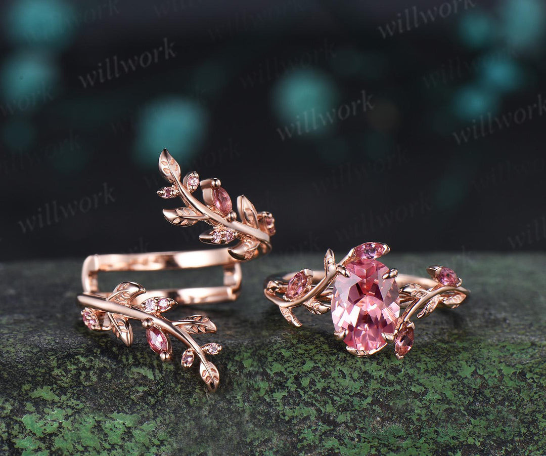 Oval Padparadscha pink sapphire engagement ring set 14k rose gold leaf pink tourmaline wedding band enhancer women promise bridal ring set gift
