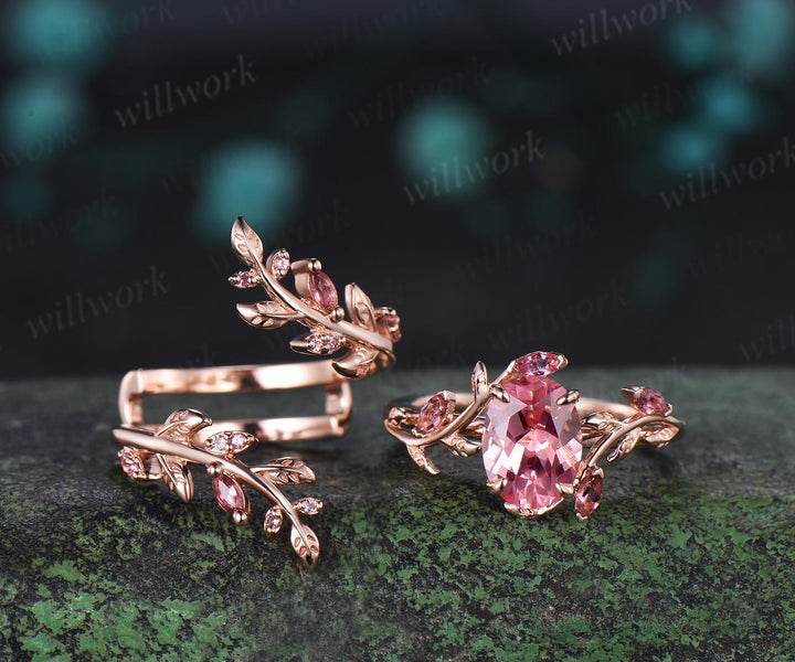 Oval Padparadscha pink sapphire engagement ring set 14k rose gold leaf pink tourmaline wedding band enhancer women promise bridal ring set gift